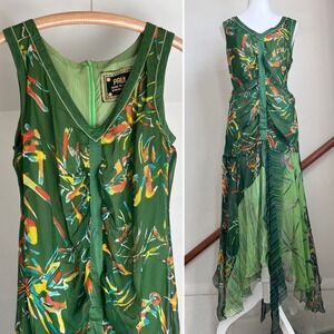 Vintage Paul Ropp Silk Maxi Dress Green Tropical Floral Handkerchief Hem Fairy 4